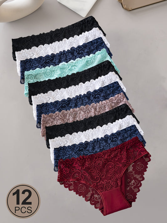 12pcs Solid Color Hollow Out Flower Lace Patchwork Panties Sexy Underwear for Women