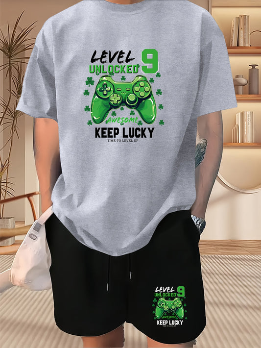 Boys' Casual Sports T-Shirt and Shorts Set with Geometric Game Controller Design, Polyester Blend, Machine Washable - Spring/Summer, Teen Boys, Outdoor, Short Sleeve, T-shirt, Shorts Set, Perfect for Outdoor
