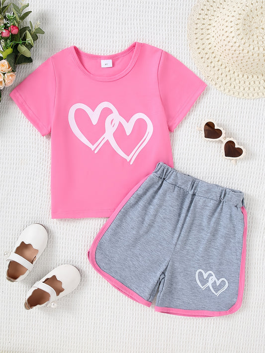 Summer Young girls Solid Color Love Print Fashion Round Neck Short Sleeve Top and Love Print Comfortable Fashion Shorts Two Piece Set