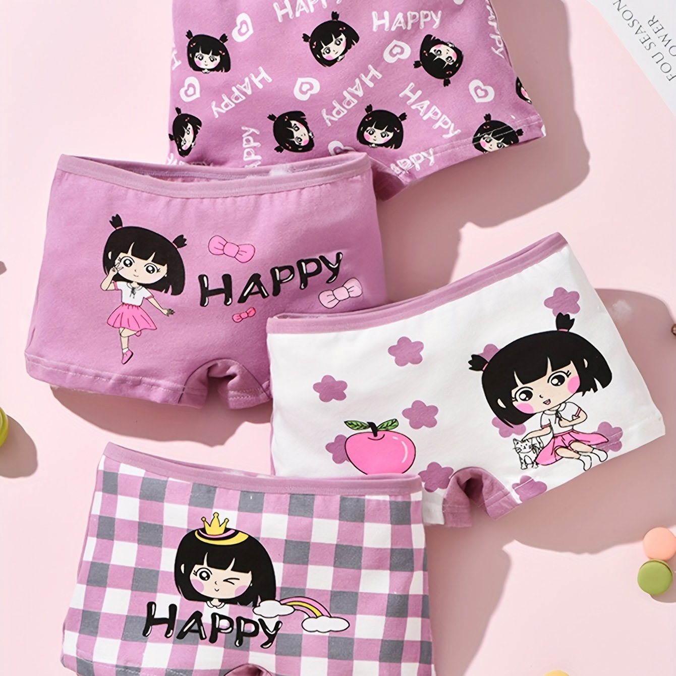 4pcs Cute Girls' Cotton Boxer Briefs with Cartoon Print - Breathable, Sweat Absorbent & Comfort Fit for All Seasons, Double-layer Crotch, 95% Cotton