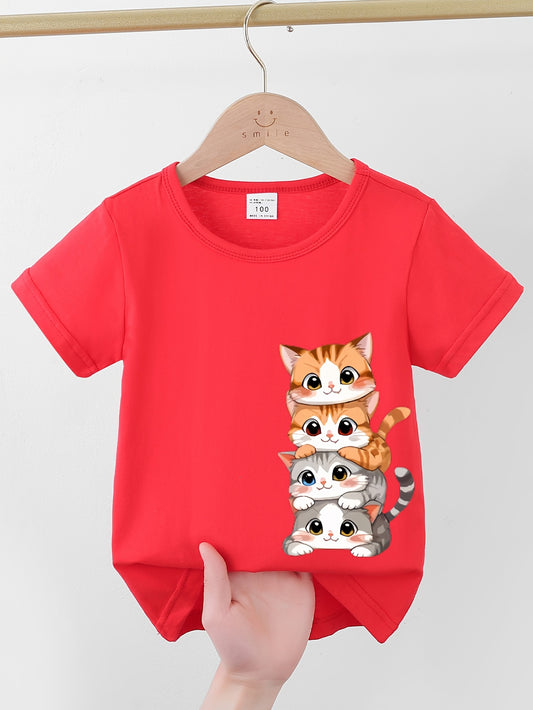 Girls Trendy Four Kitten Print Crew Neck Short Sleeve Pure Cotton T-shirt, Comfortable And Soft For Summer Casual Wear And Outdoor Activities