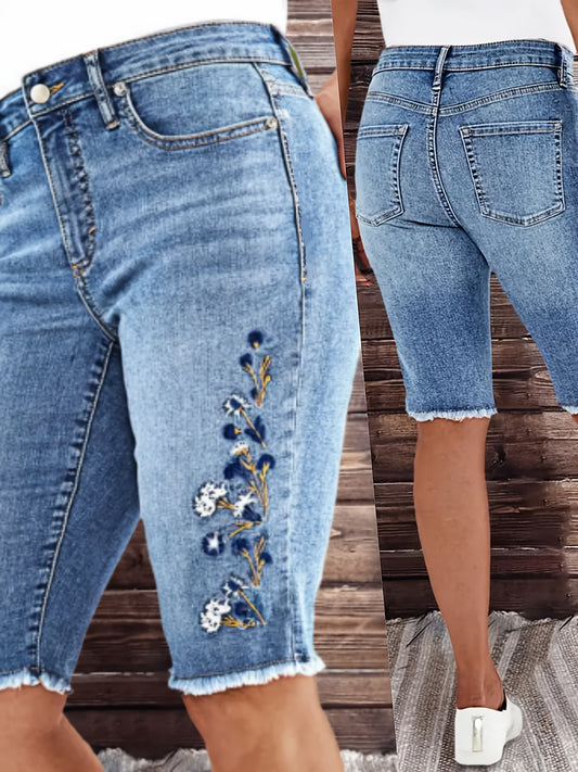 Women's Mid-Rise Denim Shorts with Floral Embroidery, Slim Fit Stretch, Raw Hem Detail, Washed Blue Casual Style, Cotton, Spring/Summer Collection, Jean Shorts