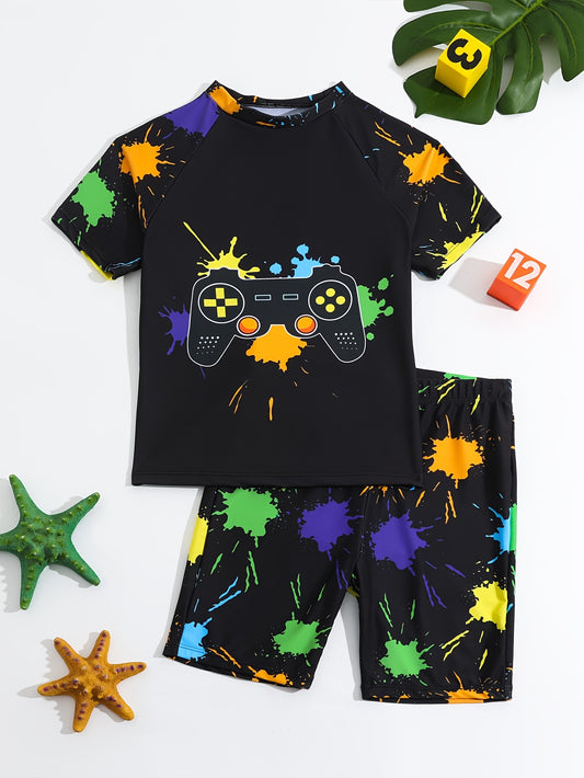 2pcs Splash Ink Gamepad Pattern Swimsuit For Boys, T-shirt & Swim Trunks Set, Stretchy Surfing Suit, Boys Swimwear For Summer Beach Vacation