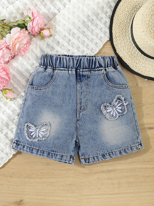 Girls' Casual Denim Shorts with Butterfly Embroidery - Elastic Waistband, Slash Pockets, Washed Blue, Cotton Blend, Machine Washable - Perfect for Summer