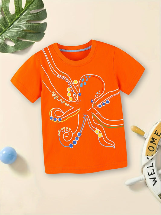 Boys' Summer Cotton T-Shirt with Cute Octopus Print - Casual Round Neck Short Sleeve Top for Youngsters 2-7Y