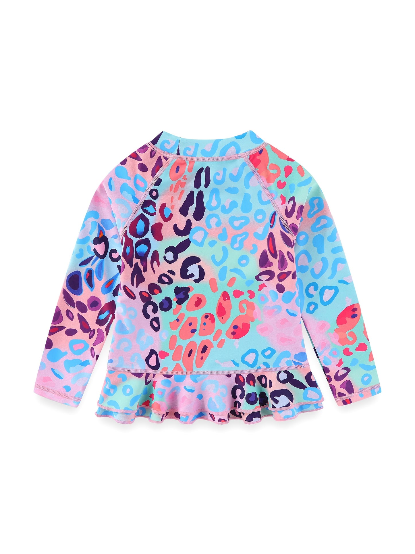 Girls two-piece set of gradient multi-color leopard print swimsuit for girls long sleeve surfing pleated lace hem + girls pleated lace bikini shorts swimsuit