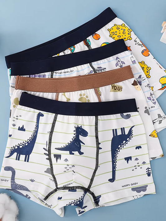 4pcs Boys' Cotton Boxer Briefs - Soft & Breathable, Featuring Cute Cartoon Animals & Dinosaurs, Stretchy & Skin-Friendly, with Elastic Waistbands - Perfect for All Seasons