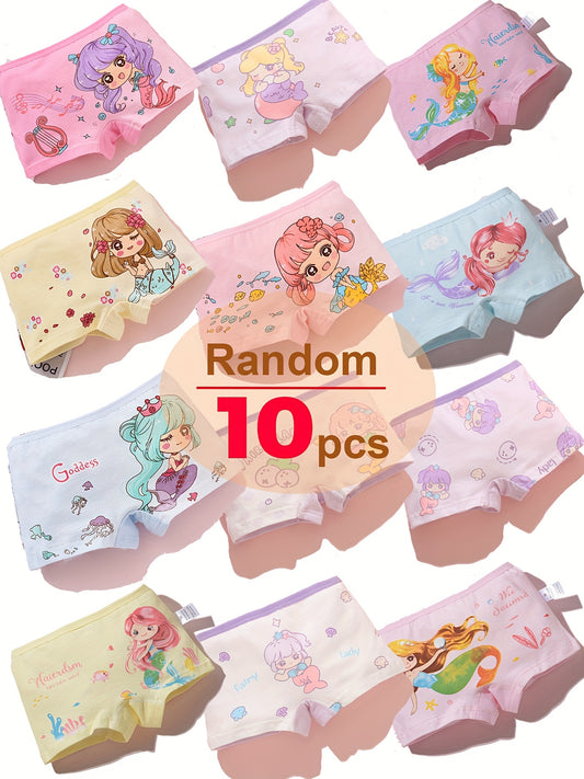 10pcs, Cartoon Mermaid Girl Four-corner Underpants, 95% Cotton, Soft and Comfortable