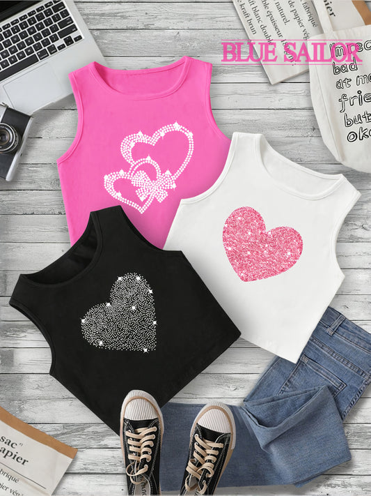 Blue Sailor Girls' 3pcs Heart Print Tank Top Set - Casual Round Neck, Lightweight Sleeveless Vests in Pink, Purple & Blue with Sparkling Heart Design for Summer Outdoor Wear, Comfortable Tank Tops|Sparkling Effect|Breathable