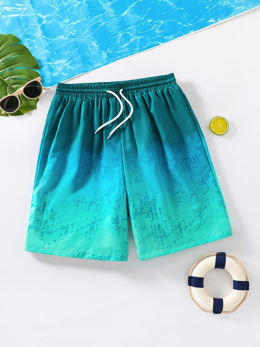 Bohemian Tropical Print Youth Men's Casual Swim Trunks with Drawstring, Polyester and Elastane, Machine Washable
