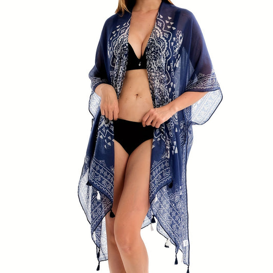 HOMEWARM Chic Blue & White Paisley Print Beach Shawl for Women - Sexy, Lightweight Polyester Kimono Cardigan with Tassel Details, Breathable & Sun-Protective, Ideal for Summer Beach Outings