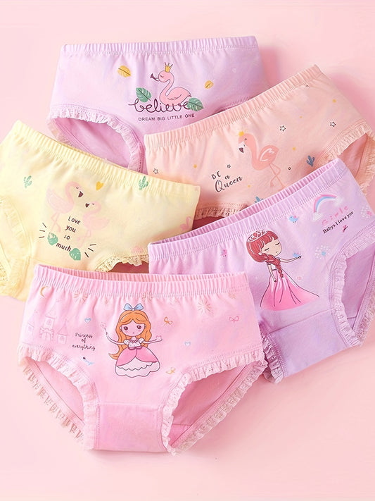 5pcs Girls' Cotton Underwear - Soft Stretchy Triangle Briefs with Cute Cartoon Animal & Princess Designs, Pastel Colors, Lace Trim, All-Season Comfort for Little Girls, Cute Underwear